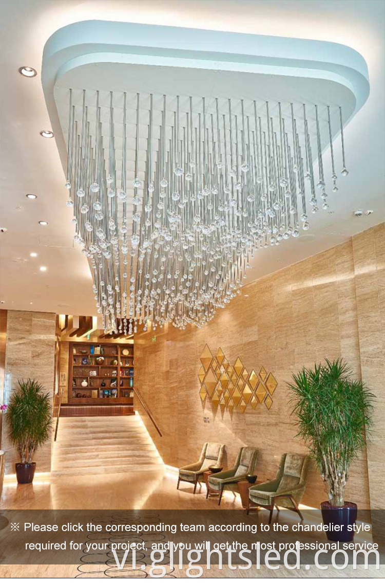 Thiết kế tùy chỉnh thương mại hiện đại sảnh khách sạn pha lê đèn chùm LED ánh sáng mặt dây chuyền